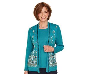 Chums Ladies Floral Jacquard Mock Twin Set Cardigan with Elegant Edge Trim Detail, Comfortable Stretch Fit Teal 18-20