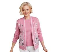 Chums Ladies Floral Jacquard Mock Twin Set Stretch Knit Cardigan Soft Pink
