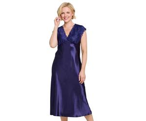 Chums Ladies Luxury Satin and Lace Nightdress Charmeuse Weave Soft Silky Sleepwear with Back Ties Indigo 18-20