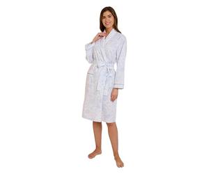 Chums Ladies Marlon Slub Cotton Woven Print Wrap Robe Dressing Gown, Cotton-Rich Polycotton, Kimono Sleeves, 43 Inch Length