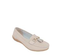 Chums Ladies Nautical Leather Loafers, Wide Fit Slip On Shoes Beige