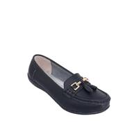 Chums Ladies Nautical Leather Loafers, Wide Fit Slip On Shoes Black