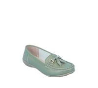 Chums Ladies Nautical Leather Loafers, Wide Fit Slip On Shoes with Flexible Sole & Comfortable Cushion Insoles Light Khaki 6 UK