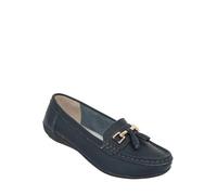Chums Ladies Nautical Leather Loafers, Wide Fit Slip On Shoes with Flexible Sole & Comfortable Cushion Insoles Navy 6 UK