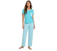Chums Ladies Pineapple Print Jersey Pyjama Set, Cotton PJs with Short Sleeve Top and Elasticated Stretchy Waist Bottoms, Cotton Rich Nightwear Aqua 12-14