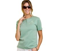 Chums Ladies Short Sleeve Grandad Top with Embroidery, Lightweight Button-Front Blouse in Blue, Peach, Light Khaki or Sage, Sizes 10 to 20