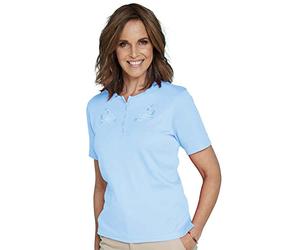 Chums Ladies Short Sleeve Grandad Top with Embroidery, Lightweight Button-Front Blouse in Blue, Peach, Light Khaki or Sage, Sizes 10 to 20