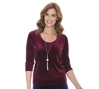 Chums Ladies Velour Top Luxury Soft Touch Fabric with Three Quarter Sleeve and Round Neckline Wine