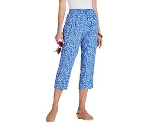 Chums Ladies Viscose Crop Print Trousers, Lightweight 21" Cropped Summer Trousers with Elasticated Drawcord Waist & Pockets, Stylish Printed Cornflower Blue 18