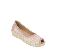 Chums Ladies Wide E Fit Raffia Effect Peep Toe Shoe - 1.5" Wedge & Padded Insole Pink 6