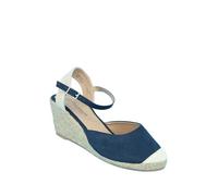 Chums Ladies Wide EE Fit Espadrille Wedge Shoes - Mock Suede Covered Toe Sandal, Elastic Buckle, 2.5" Heel, Navy or Beige Navy 8