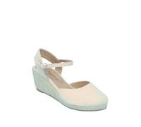 Chums Ladies Wide EE Fit Espadrille Wedge Shoes - Mock Suede Covered Toe Sandal, Elastic Buckle, 2.5" Heel, Navy or Beige Beige 3