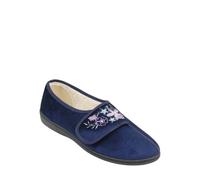 Chums Ladies Dr Keller Embroidered Faux Fur Lined Slippers, Touch Fastening, EE Fit Cosy House Shoes with a Sturdy Sole Navy 4