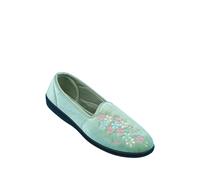 Chums Women's Dr Keller Wide E Fit Embroidered Slippers, Comfortable Floral House in Light Green | Size: 5 Chums Light Green 5