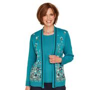 Chums Ladies Ladies Floral Jacquard Mock Twin Set Cardigan - Elegant Edge Trim Detail - Lightweight Summer Layer - Comfortable Stretch Fit Teal 10-12