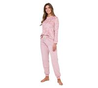 Chums Women's Printed Crew Neck Velour Pyjama Set with Elastic Waist in Pink | Size: 12-14 Chums Pink 12-14