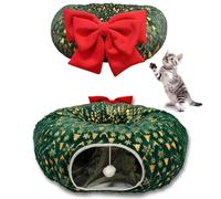 CHUN. F Comfort Green Cat Donut Tunnel for Christmas Tree - Christmas Themed Cat Tube for Holiday Season -A Big Red Bow - Ultra-Soft Plush Velvet Cute Cat Tree Tunnel Skirt with Ball Toy