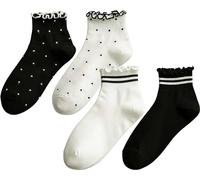 CHUNFO Womens Striped Ruffle Ribbed Crew Frilly Socks Cute Dot Athlete Ankle Cotton Casual Sock Size5-9, 4pack,black,white,stripe,dot, One size
