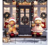 Chunful 2 Pack Christmas Metal Yard Stakes 3D Gingerbread Man Nutcracker Christmas Yard Sign Decorations for Xmas Winter Outdoor Home Lawn Garden Pathway Holiday Party Decorations(Holly Gingerbread)