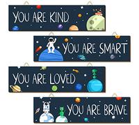 Chunful 4 Pieces Inspirational Wooden Wall Art Decor - Space Themed Kids Room Decor - Motivational Quotes - 30 x 8 cm, 5 mm Thickness