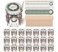 Chunful 48 Set Christmas Hot Chocolate Favors 3.4 oz Plastic Clear Jars with Lid Thank You Tag Wooden Spoon and String Cocoa Bar Containers Supplies DIY Cocoa Shot Gift for Christmas Winter Party