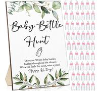 Chunful 51 Pcs Baby Shower Games Include Greenery Bottle Hunt Sign Wooden Gift Sets and 50 Pcs Resin Bottle Shower Favor for Baby Shower Gender Reveal(Pink)