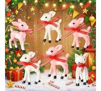 Chunful 6 Pcs Mini Christmas Reindeer Ornaments 2.4" Miniature Vintage Plastic Reindeer with Bow Xmas Pink White Deer Standing Hanging Micro Landscape Figurines for Fairy Garden Dollhouse Decoration