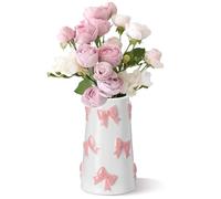 Chunful 7.1 Inch Bow Vase White Elegant Oval Ceramic Vase for Home Decoration Large Pink Bow Wide-Mouth Flower Vases for Modern Aesthetic Living Room Table Decoration Women Girl Gifts