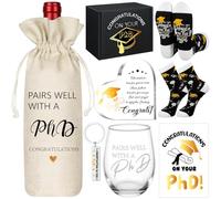 Chunful 7 Pcs PhD Graduation Gifts Set Include Wine Glass 17oz Wine Bag Keychain Acrylic Keepsake Socks Greeting Card & Gift Box Funny Pairs Well with A PhD Gifts for Women Men