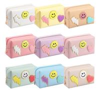 Chunful 9 Pieces Preppy Makeup Bag Bulk Chenille Letters Patch Cosmetic Bag PU Leather Waterproof Toiletry Travel Pencil Case Pouch for Women Traveling Purse, Fresh Colors, Smile, Lightning, Heart