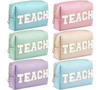 Chunful Teach Chenille Letter Makeup Bag PU Leather Bag Bulk Teacher Appreciation Gifts Waterproof Portable Zipper Travel Organizer for Women, purple, blue, green, orchid pink, light blue, light