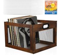 Chunful Vinyl Record Storage Crate with 100 Double-sided Opp Sleeves Wooden Record Holder Box Kit Classic Cube for Albums Easy to Assemble, Holds 12" Albums, 15.2 x 13.6 x 10 in