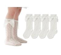 CHUNG Baby Girls Knee High Socks Cotton Knitted Spanish Bowknot Stockings, 4 hollow White, 1-3Y