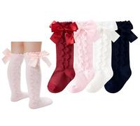 CHUNG Baby Girls Knee High Socks Cotton Knitted Spanish Bowknot Stockings 4 Wave Bowknot, 3-5Y