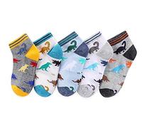 CHUNG Boys Cotton Ankle Socks 5/10 Pack Low Cut Dinosaur Mesh 2-9Y Light Weight Back School Running Sports Casual, 5pk Dino, 4-6 Years