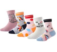 CHUNG Little Big Girls Cotton Socks Kids Toddler Crew Novelty Cat Pattern Fashion Cartoon Cute 5 Pairs Fun Animals,5 Unicorn Side, 6-8Y