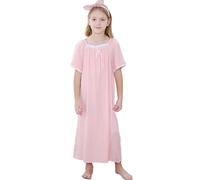 CHUNG Little Girls Vintage Victorian Nighties Long Sleeve Lace Square Neck Nightdress Princess Nightgown 899 Pink Short Sleeve, 7-8 Years