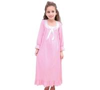 CHUNG Little Girls Vintage Victorian Nighties Long Sleeve Lace Square Neck Nightdress Princess Nightgown Pink, 10-12 Years