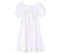CHUNG Little Girls Vintage Victorian Nighties Long Sleeve Lace Square Neck Nightdress Princess Nightgown White Short Sleeve, 5-6 Years