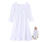 CHUNG Little Girls Vintage Victorian Nighties Long Sleeve Lace Square Neck Nightdress Princess Nightgown White, 5-6 Years