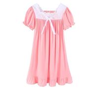 CHUNG Little Girls Vintage Victorian Nighties Long Sleeve Lace Square Neck Nightdress Princess Nightgown Pink Short Sleeve, 7-8 Years