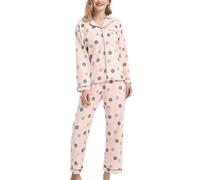 CHUNG Women Brushed Cotton Pyjamas Set Long Sleeve Button Down Tops Pants Flannel Sleepwear Lounge Cozy Warm Winter Plus Size, Polka Dot S
