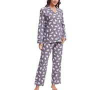 CHUNG Women Brushed Cotton Pyjamas Set Long Sleeve Button Down Tops Pants Flannel Sleepwear Lounge Cozy Warm Winter Plus Size Grey Cat M