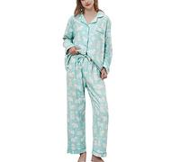 CHUNG Women Brushed Cotton Pyjamas Set Long Sleeve Button Down Tops Pants Flannel Sleepwear Lounge Cozy Warm Winter Plus Size (Large, Green Sheep)
