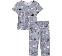 CHUNG Women Cotton Blend Pyjamas Set Short Sleeve Top Capri Pants Plus Size S-3XL Sleepwear Nighties Happy Owl,2XL