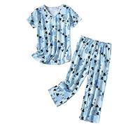 CHUNG Women Cotton Blend Pyjamas Set Short Sleeve Top Capri Pants Plus Size S-3XL Sleepwear Nighties Light Blue Sheep,L