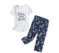 CHUNG Women Cotton Blend Pyjamas Set Short Sleeve Top Capri Pants Plus Size S-3XL Sleepwear Nighties Blue Sky Dream,XL