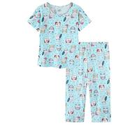 CHUNG Women Cotton Blend Pyjamas Set Short Sleeve Top Shirt 3/4 Capri Pants Plus Size Lounge Sleepwear Nighties Green Owl,2XL