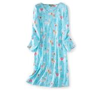 CHUNG Women Nightdress Ladies Nightie Long Sleeve Crew Neck Cotton Sleepwear Cute Pattern Print Loungwear Spring Summer Blue Alpaca S