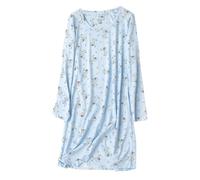 CHUNG Women Nightdress Ladies Nightie Long Sleeve Crew Neck Cotton Sleepwear Cute Pattern Print Loungwear Spring Summer BlueKitty S
